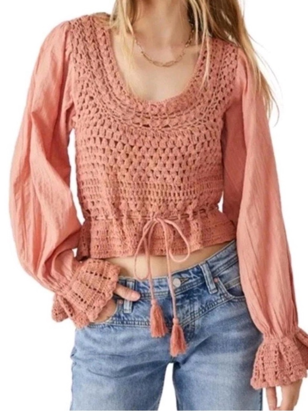 Free People Crochet Tie-Front Blouse - Dusty Rose